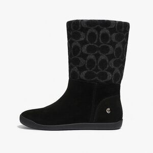 Coach Signature Suede Knit Logo Mid-Calf Boots Black Gray Women’s Cozy Winter